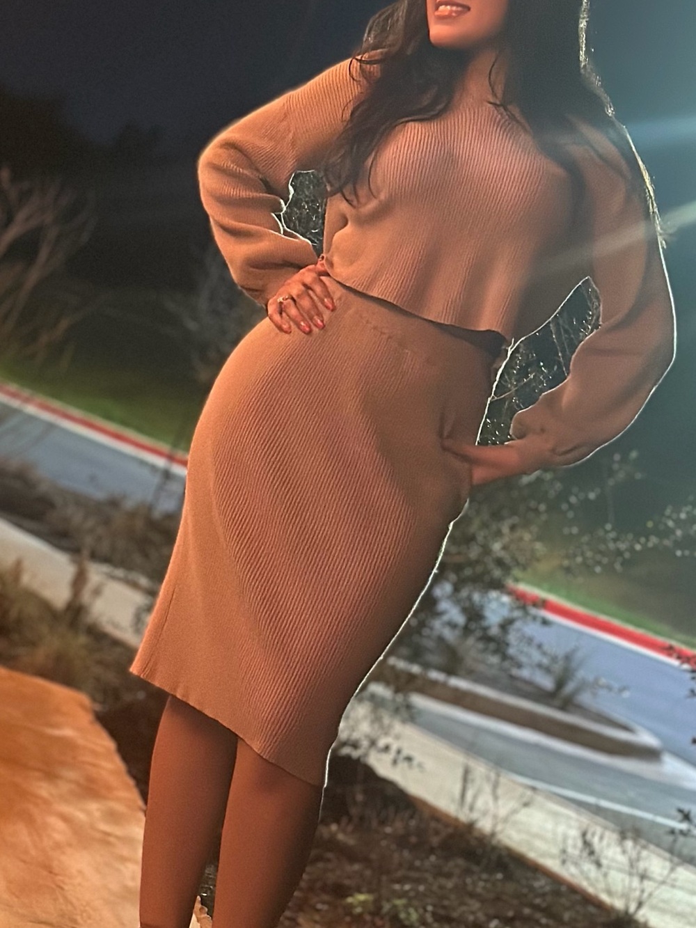 Ribbed Knit Long-Sleeve Dress Set in Camel